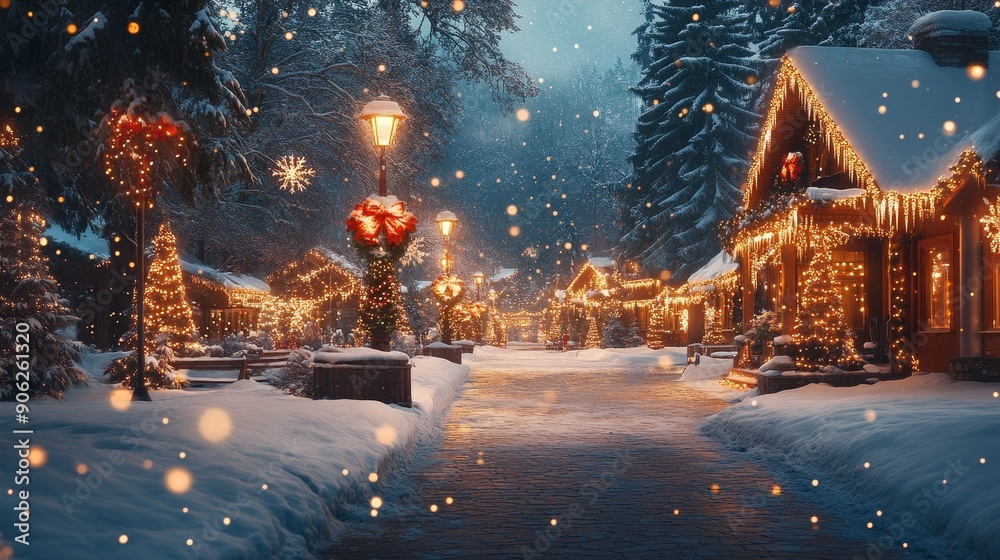 Obraz premium Christmas background, winter wonderland, outdoor snow scenery, soft and dreamy night lights, snowflakes, flickering lights, trees and decorations, capturing the festive and magical seasonal atmosphere