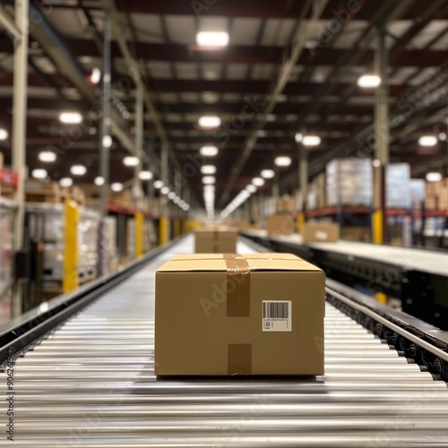 Cardboard boxes moving on conveyor belt in warehouse for processing and shipping