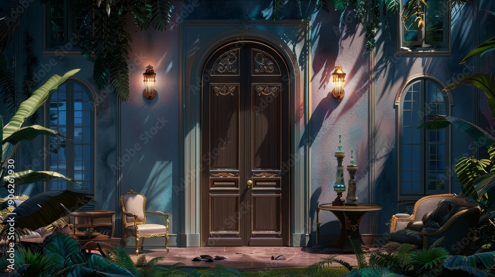 A Mysterious Entrance to a Luxurious Estate at Night A Mysterious Entrance to a Luxurious Estate at Night
