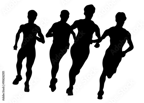 Young athletes run a marathon. Isolated silhouettes on white background