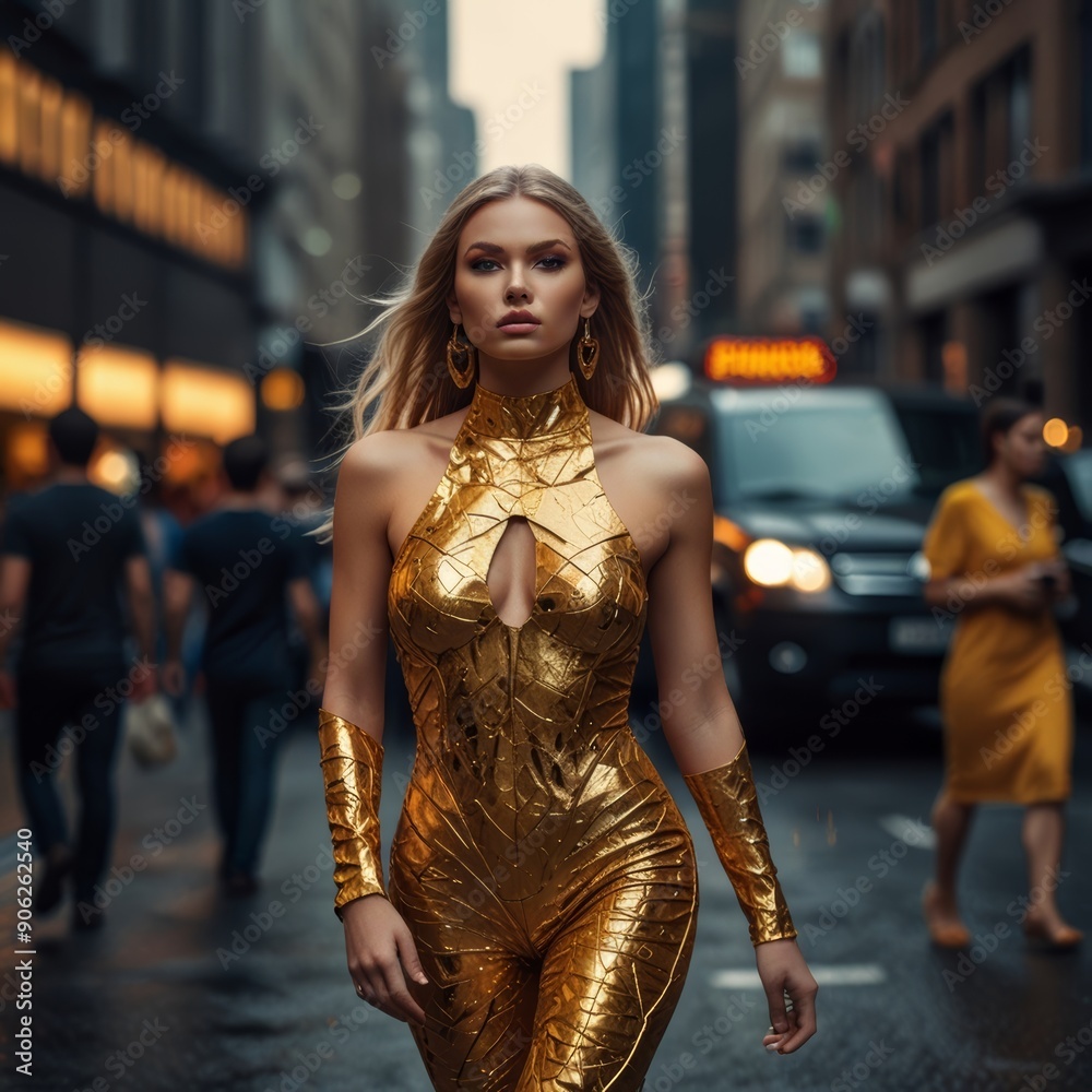 © Volgastudio - Pretty woman with fit body golden skin or in golden tight clot, walks along the street of a modern city