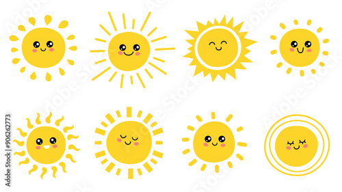 Kawaii smiling sun set, various emotions, flat simple vector illustration. Cute summer sunshine emoji collection, doodle style, isolated on a white background 