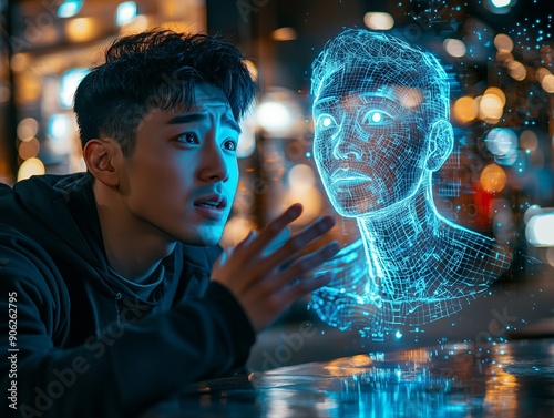 A young man is sitting in a coffee shop, his face has a projection of artificial intelligence on it and he holds up one hand to touch that virtual hologram. 