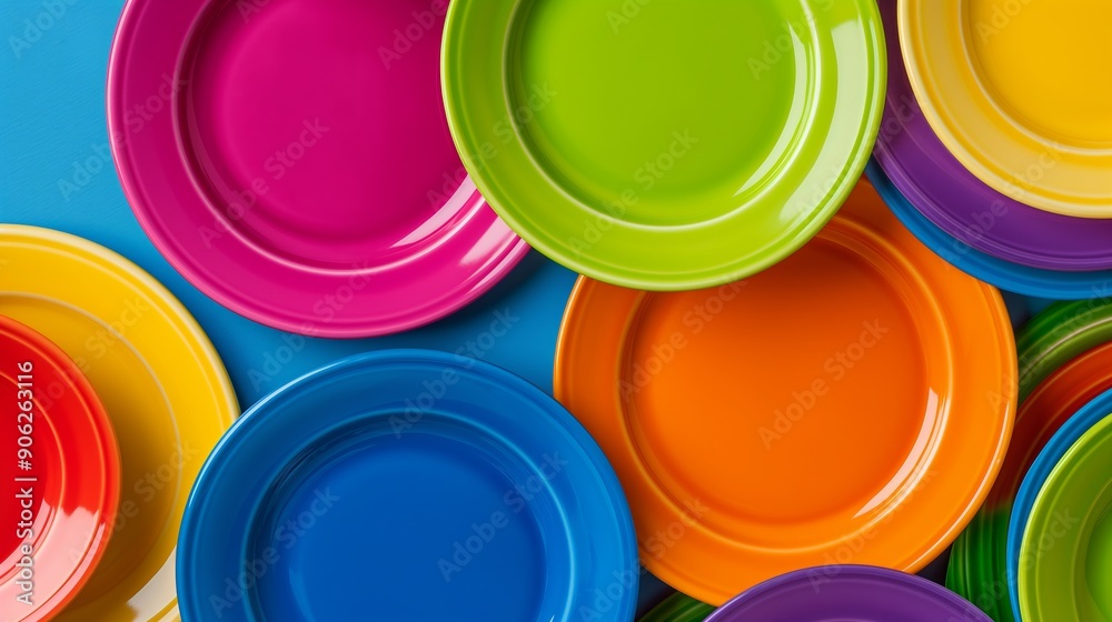 A colorful stack of plates with a blue background. The plates are of different colors and sizes, creating a vibrant and lively atmosphere A colorful stack of plates with a blue background. The plates are of different colors and sizes, creating a vibrant and lively atmosphere