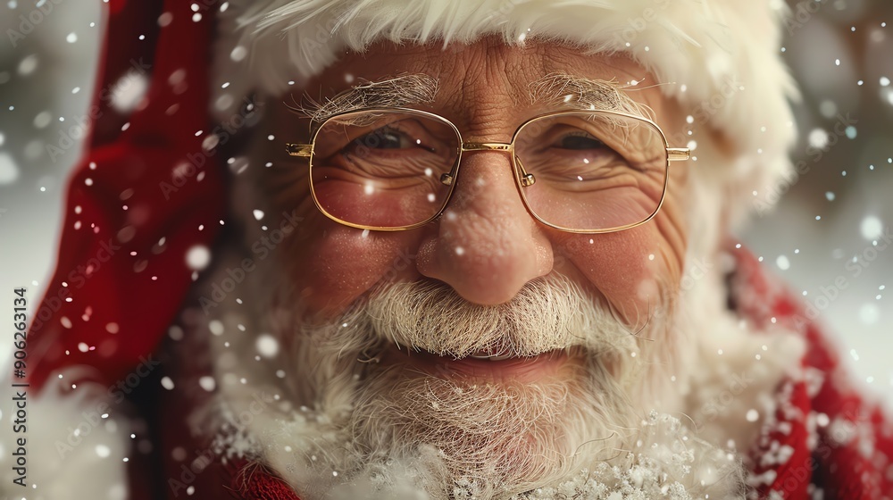 Close-up portrait of Santa Claus with snow falling around him. Close-up portrait of Santa Claus with snow falling around him.