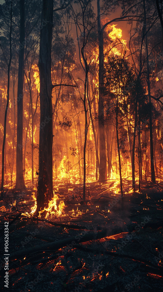 A fierce wildfire rapidly spreads through bushland, engulfing trees and underbrush in flames as the sun sets