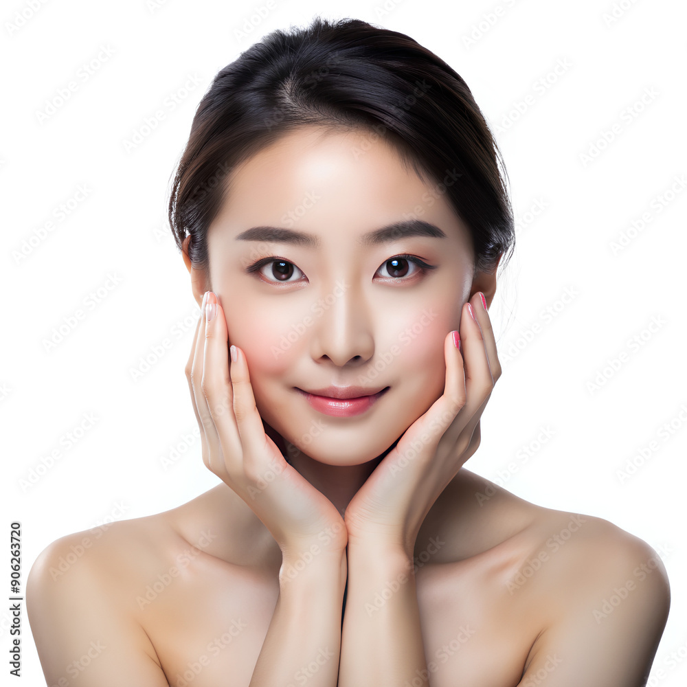 Young woman touch her face no makeup in the morning on isolate white background, Clipping path Young woman touch her face no makeup in the morning on isolate white background, Clipping path