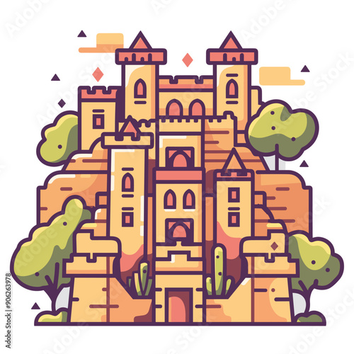 Colorful medieval castle surrounded green trees shrubbery. Stylized graphic illustration fortress multiple towers. Warm color scheme drawing fantasy castle landscape