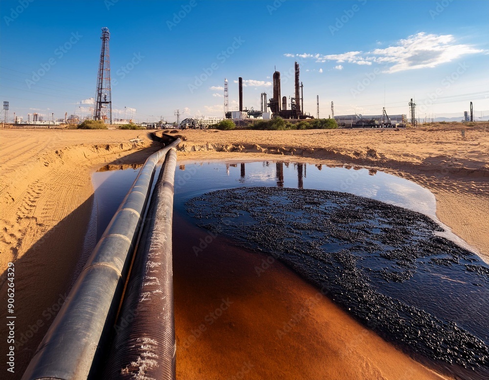 big oil pipeline spilling crude oil into a dirty pool in the desert ...