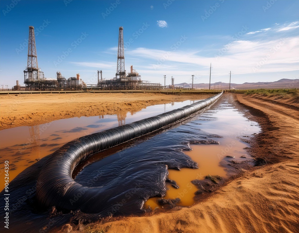 big oil pipeline spilling crude oil into a dirty pool in the desert ...
