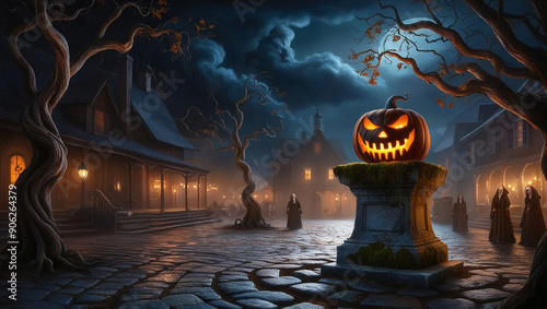 Jack-o'-lantern pumpkin stands on a stone pedestal at night on the main street in a small town