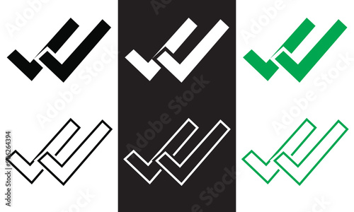 Double checking icon. Green, black and white double tick, check mark. Flat done sticker icon isolated on white and black. Accept button. Good for web and software interfaces. EPS 10