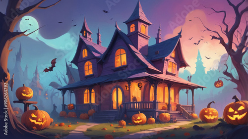 a house in the autumn forest near an old cemetery is decorated with pumpkins for Halloween, around which bats fly
