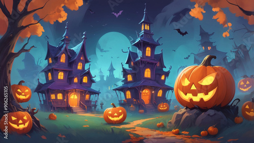 scary old settlement at night in the forest on Halloween