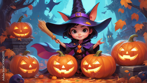 cute witch girl in a hat with big ears holds a broom in her hands. against the backdrop of pumpkin lanterns for Halloween and autumn leaves