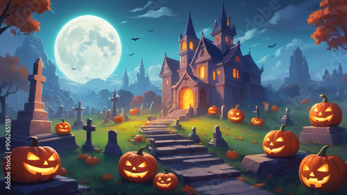 an old scary castle at night against the backdrop of the full moon, which is located in a cemetery decorated for the Halloween holiday. Jack-o'-lantern pumpkins line the path and bats circle the castl