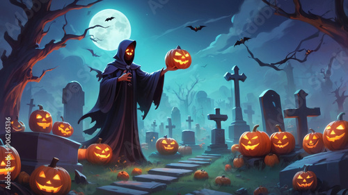 Halloween photo background. A witch in a cloak and hat stands in a cemetery at night on a full moon. The cemetery is decorated with pumpkins for Halloween. There are old graves, crosses and dry wood