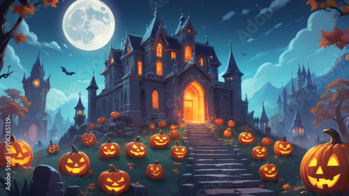 an old scary castle at night against the backdrop of the full moon, which is located in a cemetery decorated for the Halloween holiday. Jack-o'-lantern pumpkins line the path and bats circle the castl