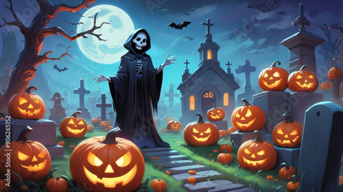 Halloween photo background. Death in a cloak stands in a cemetery at night on a full moon. The cemetery is decorated with pumpkins for the Halloween holiday. There are old graves, crosses and dry tree