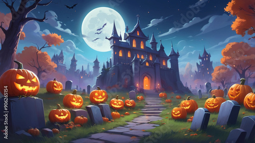 an old scary castle at night against the backdrop of the full moon, which is located in a cemetery decorated for the Halloween holiday. Jack-o'-lantern pumpkins line the path and bats circle the castl