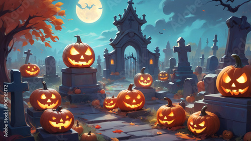 Halloween photo background cemetery at night with pumpkin