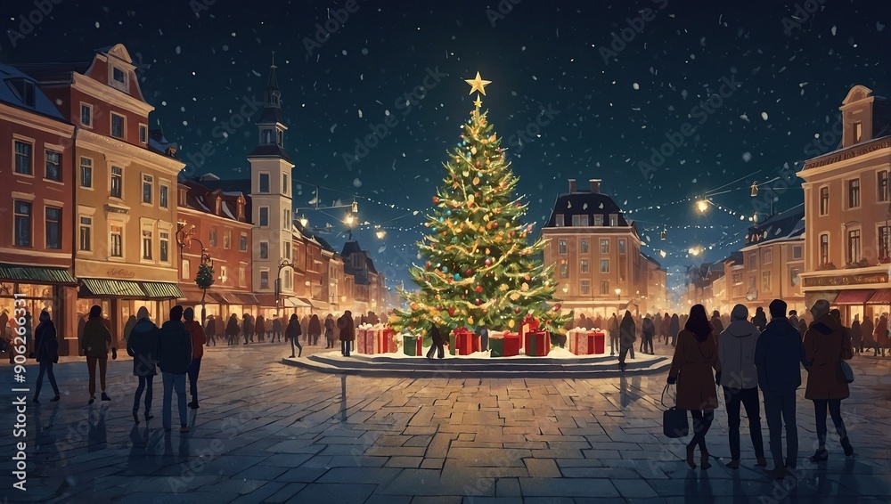 Obraz premium Beautiful Christmas tree on town square. Cartoon style. Festive and celebration concept