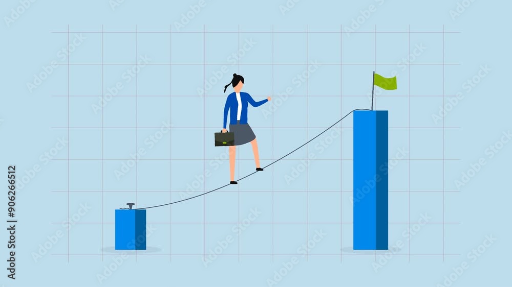 Career challenge, 4k animation of businesswoman walking on the rope up to higher goal. Career challenge, 4k animation of businesswoman walking on the rope up to higher goal.