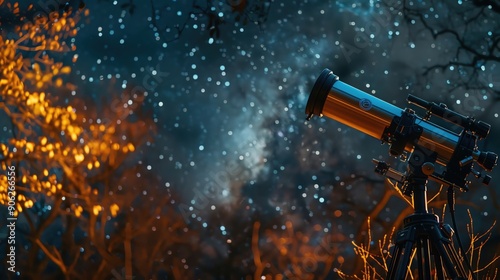 High-quality stock photo of a telescope pointed towards the stars on a clear night, with the galaxy faintly visible in the background photo