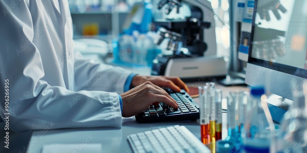 Close-up of a researcher's hands entering data on a computer, emphasizing data-driven research Close-up of a researcher's hands entering data on a computer, emphasizing data-driven research