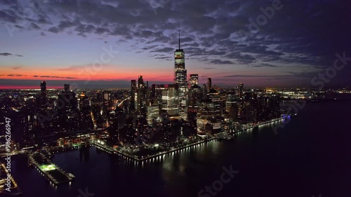 4K aerial photography of the sunrise and sunset night view of the Liberty Tower World Trade Center in Manhattan, New York, USA America nyc 911

