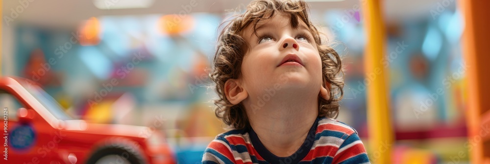 Curious child with toy car looking up in colorful playroom Curious child with toy car looking up in colorful playroom