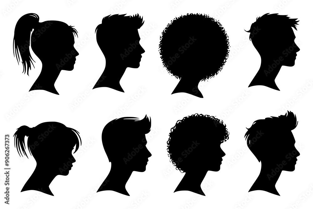 Set of silhouette heads featuring profile faces of diverse individuals. Includes man and woman head icons. Perfect for anonymous portraits and vector design projects. Set of silhouette heads featuring profile faces of diverse individuals. Includes man and woman head icons. Perfect for anonymous portraits and vector design projects.