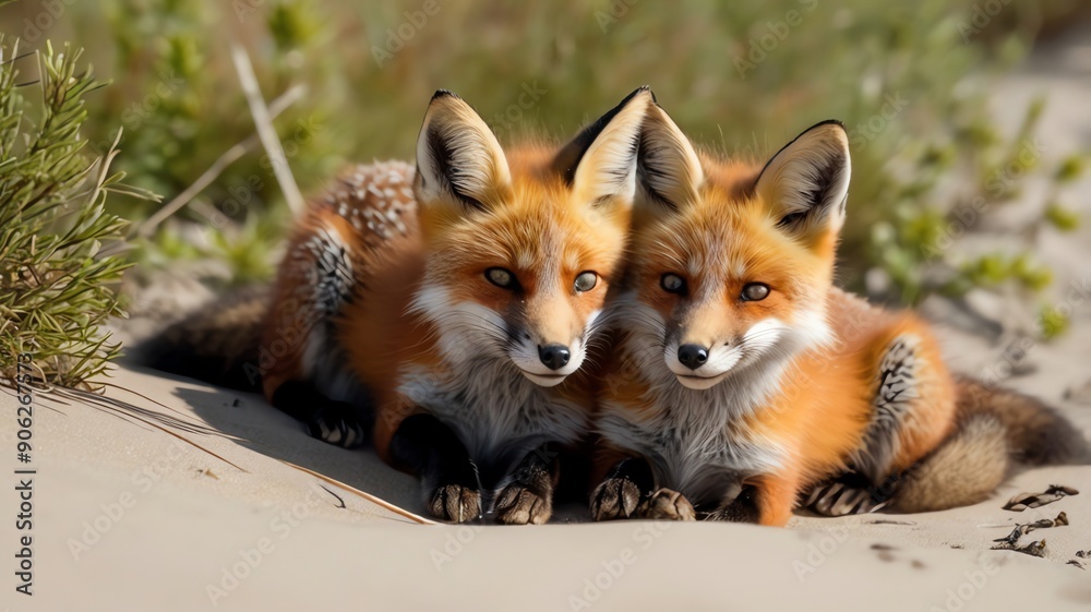 Two red fox kits are curled up together on a sandy surface with some green grass around them Two red fox kits are curled up together on a sandy surface with some green grass around them