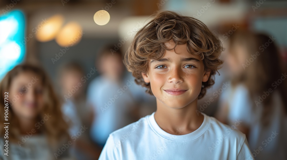 Smiling Boy in School Setting with Friends in Background, Bright and Joyful, Perfect for Education and Social Themes Smiling Boy in School Setting with Friends in Background, Bright and Joyful, Perfect for Education and Social Themes