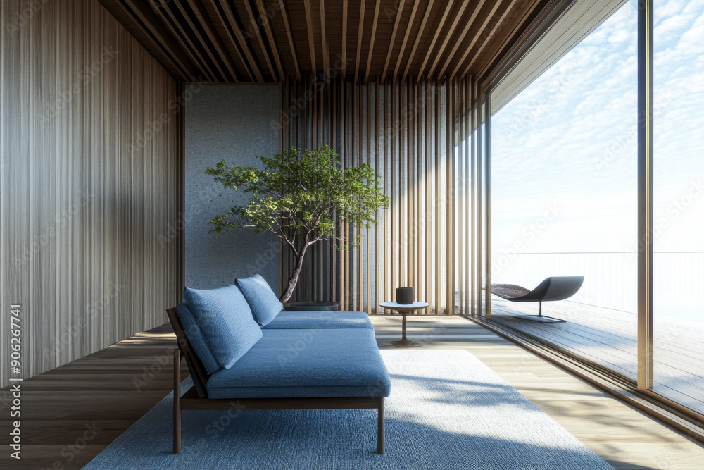 Relaxing oriental inspired interiors composition with beige wall panels, minimal furniture and contrasting lighting. Contemporary Real Estate composition. Relaxing oriental inspired interiors composition with beige wall panels, minimal furniture and contrasting lighting. Contemporary Real Estate composition.