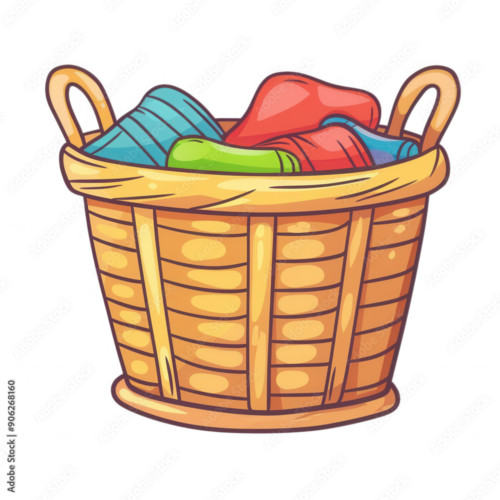 A colorful laundry basket filled with neatly stacked clothes, transparent background