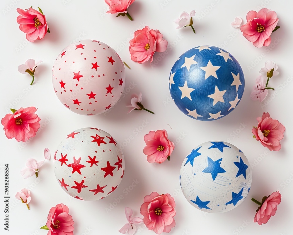 Star patterned spheres with pink flowers on light background symbolize celebration and creativity Star patterned spheres with pink flowers on light background symbolize celebration and creativity