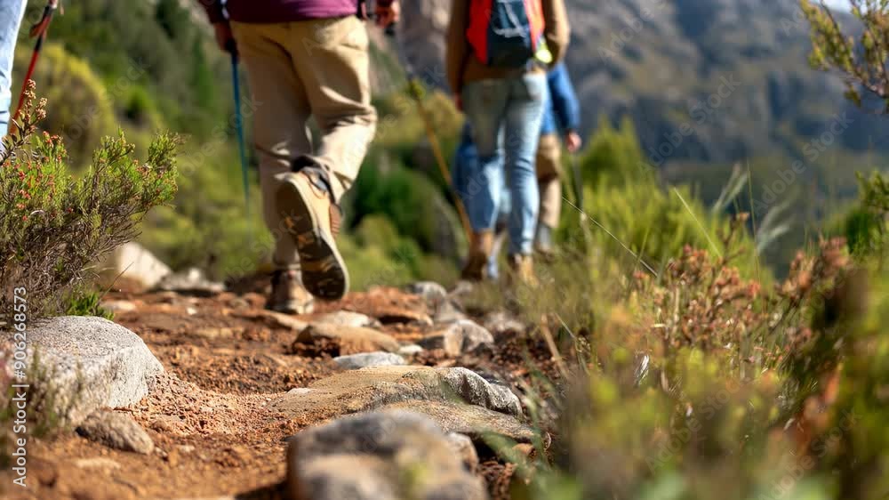 Hikers walking on rocky mountain trail, close-up of feet on outdoor adventure Hikers walking on rocky mountain trail, close-up of feet on outdoor adventure