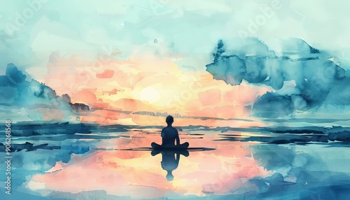 Tranquil watercolor illustration for mindfulness and self care meditation with calming hues
