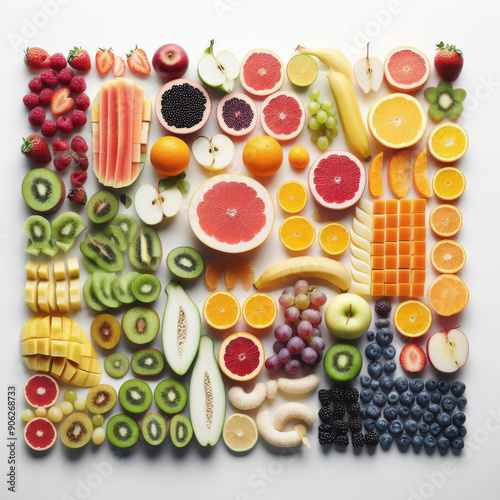 A colorful fruit display with a variety of fruits including apples, oranges