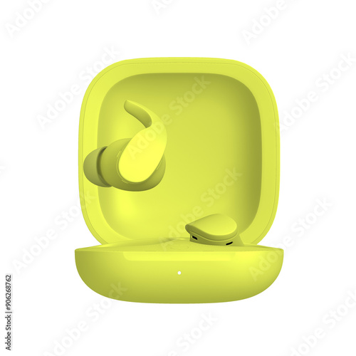 Yellow modern earbuds in white background