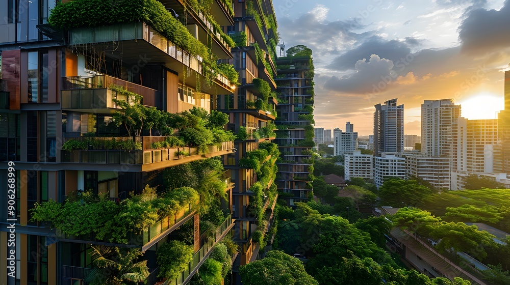 Futuristic High Rise Buildings with Lush Rooftop Gardens Overlooking the City Skyline Futuristic High Rise Buildings with Lush Rooftop Gardens Overlooking the City Skyline
