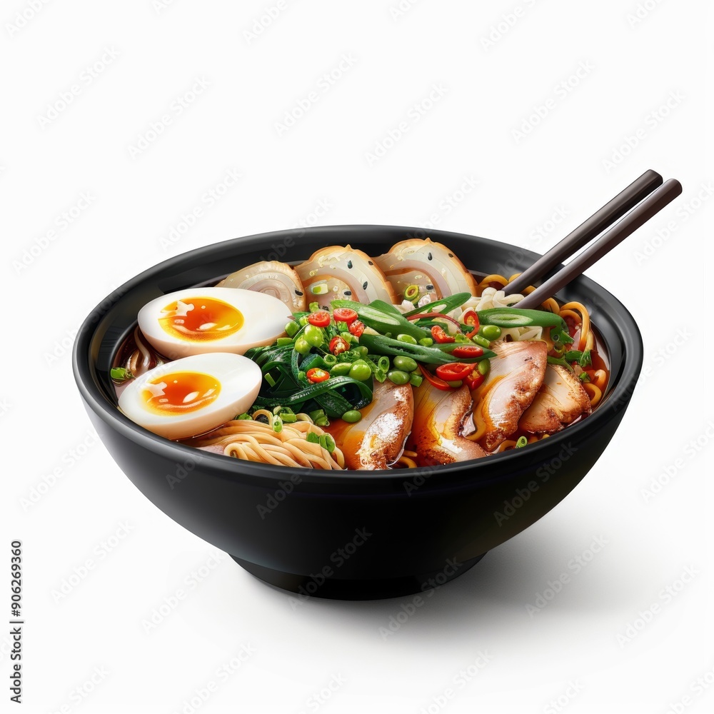 A hyper-realistic depiction of a bowl of ramen, showcasing Japanese cuisine with vibrant colors, isolated on a white background. A hyper-realistic depiction of a bowl of ramen, showcasing Japanese cuisine with vibrant colors, isolated on a white background.