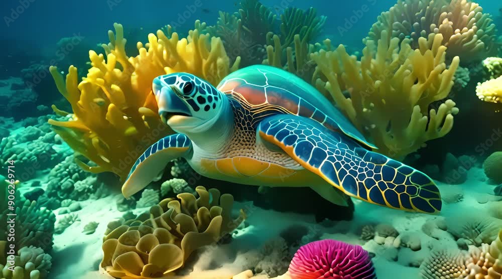 close up view of turtle swimming in deep sea with coral reef and seaweed, 4k video, generated ai close up view of turtle swimming in deep sea with coral reef and seaweed, 4k video, generated ai