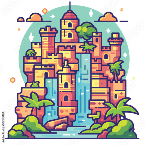 Colorful fantasy castle illustration waterfall, vibrant tones, geometric style. Stylized fort palm trees, towers, vibrant backdrop, dreamlike scene. Animated fortress graphic, tropical setting
