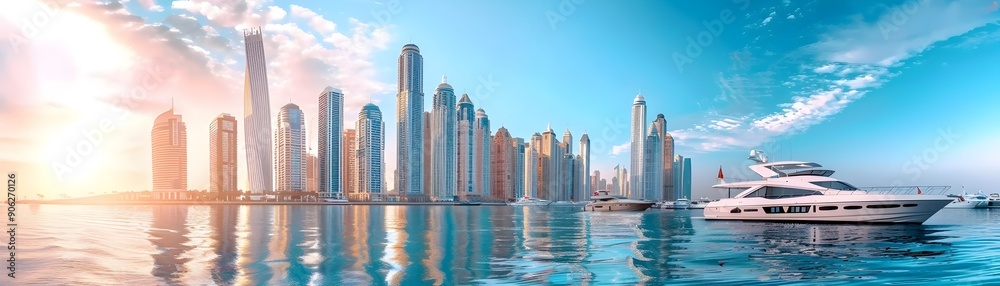 Fototapeta premium Majestic City Skyline with Waterfront Boats at SunriseSunset