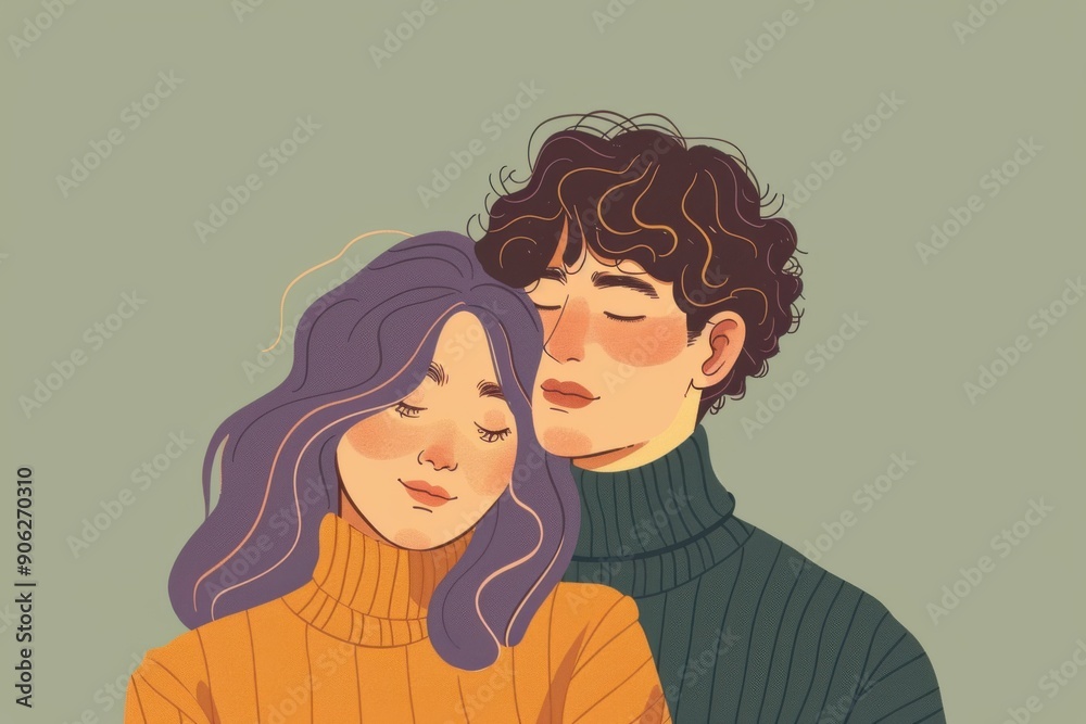 Chinese minimalism illustration, portrait of a fair-skinned couple, woman with medium-length wavy lavender hair, wearing a cardigan; man with short, curly dark brown hair, wearing a turtleneck Chinese minimalism illustration, portrait of a fair-skinned couple, woman with medium-length wavy lavender hair, wearing a cardigan; man with short, curly dark brown hair, wearing a turtleneck