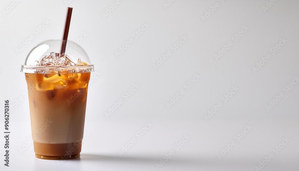 Iced coffee in a transparent cup with ice and a straw on a minimalistic background, perfect for refreshing moments. Iced coffee in a transparent cup with ice and a straw on a minimalistic background, perfect for refreshing moments.