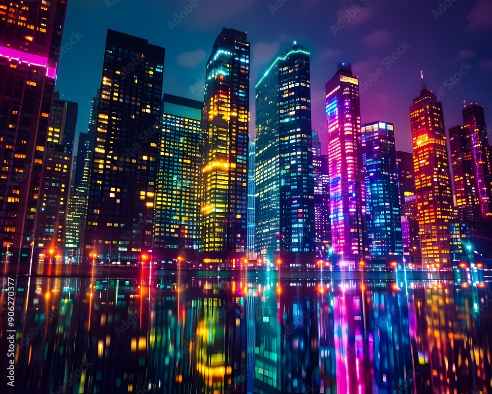 Fototapeta premium Radiant Skyscrapers Reflecting Vibrant Cityscape Lights at Night