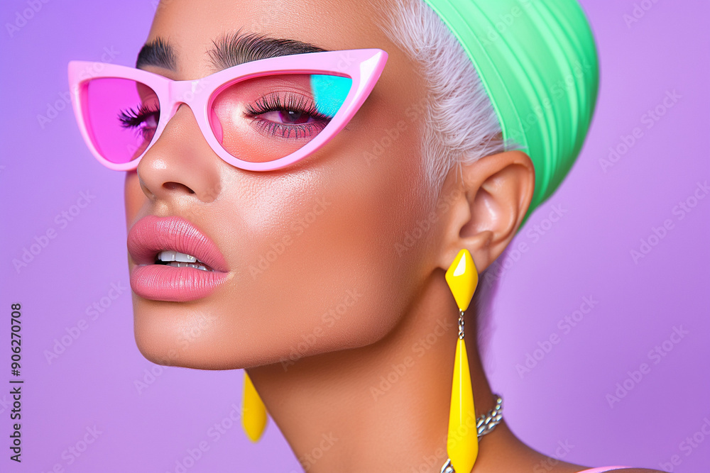 A woman wears bold pink cat-eye sunglasses with bright yellow earrings against a lavender background. Bold, retro-inspired fashion with a futuristic flair. A woman wears bold pink cat-eye sunglasses with bright yellow earrings against a lavender background. Bold, retro-inspired fashion with a futuristic flair.